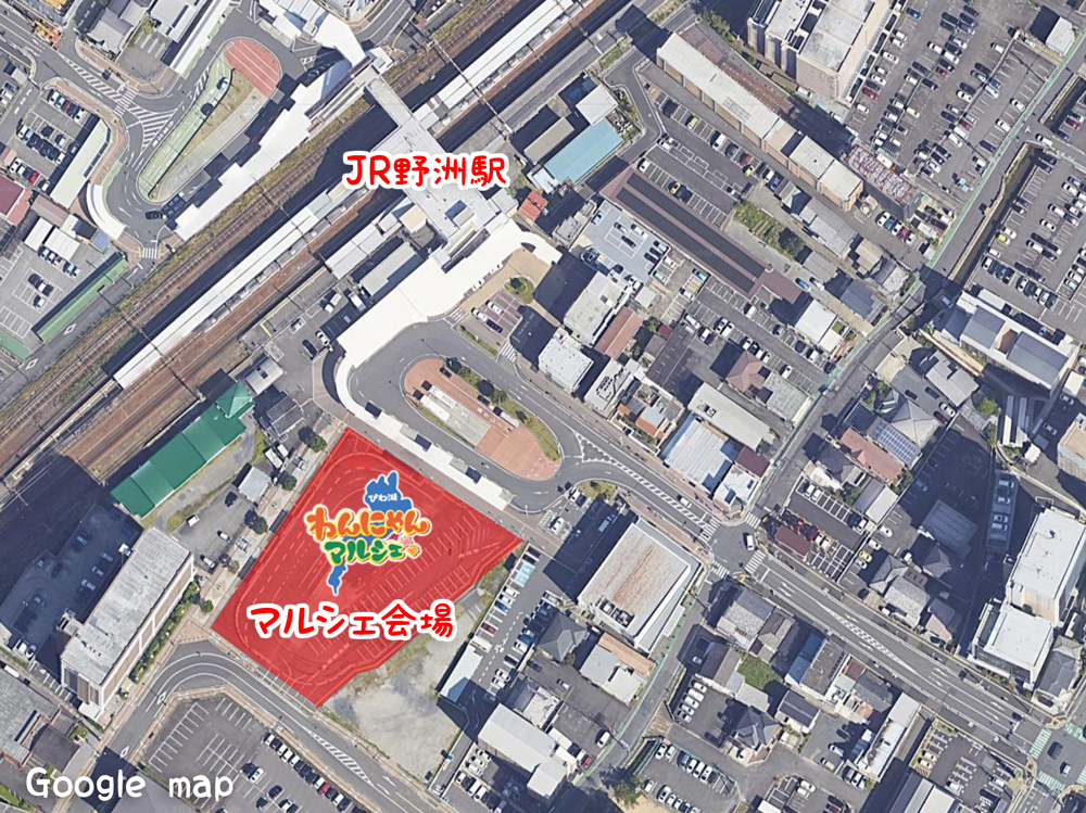 びわ湖わんにゃんマルシェ会場はJR野洲駅前の広場になります。